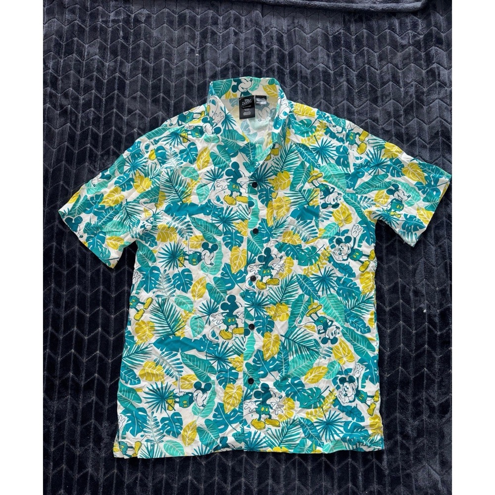 Disney Mickey Mouse Mens AOP Hawaiian Rayon Shirt Teal Yellow Button Front Sz M